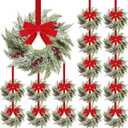 18 Pcs Small Christmas Norfolk Wreaths 15 Inch Christmas Kitchen Cabinet Mini Wreath Real Touch with Bow Ribbon Cedar Red Berry for Xmas Front Door Window Chair Fireplace Table Pillar Farmhouse Decor