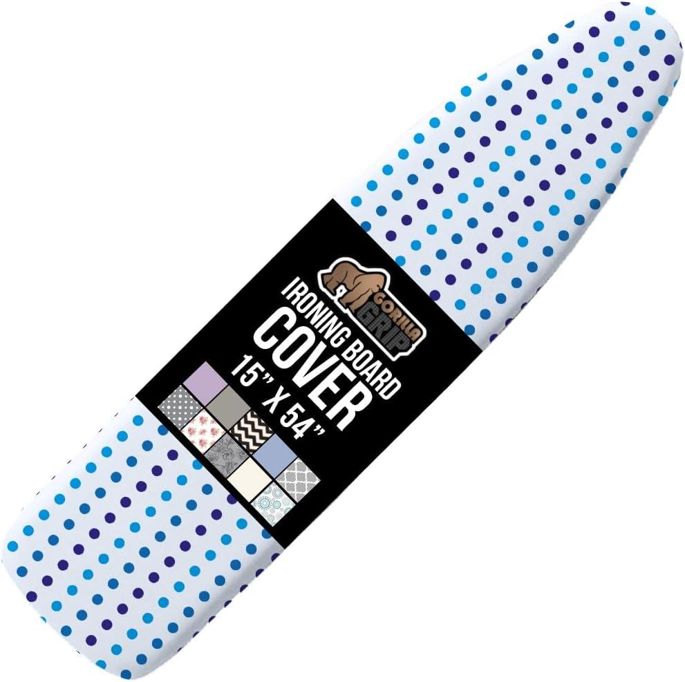 The Original GORILLA GRIP Ironing Board Cover, Silicone Coating, Full Size Scorch Resistant Padding, Elastic Edge, Heavy Duty Iron Pad Covers Standard Boards, Hook and Loop Fastener Strap, Blue Dots (15" x 54")