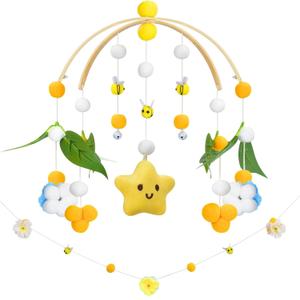 Baby Mobile for Crib Crib Nursery Mobile for Boys Stars Bee Flower Nursery Decor Soothe Baby Shower Set for Infant Bedroom Hanging Decoration White Yellow