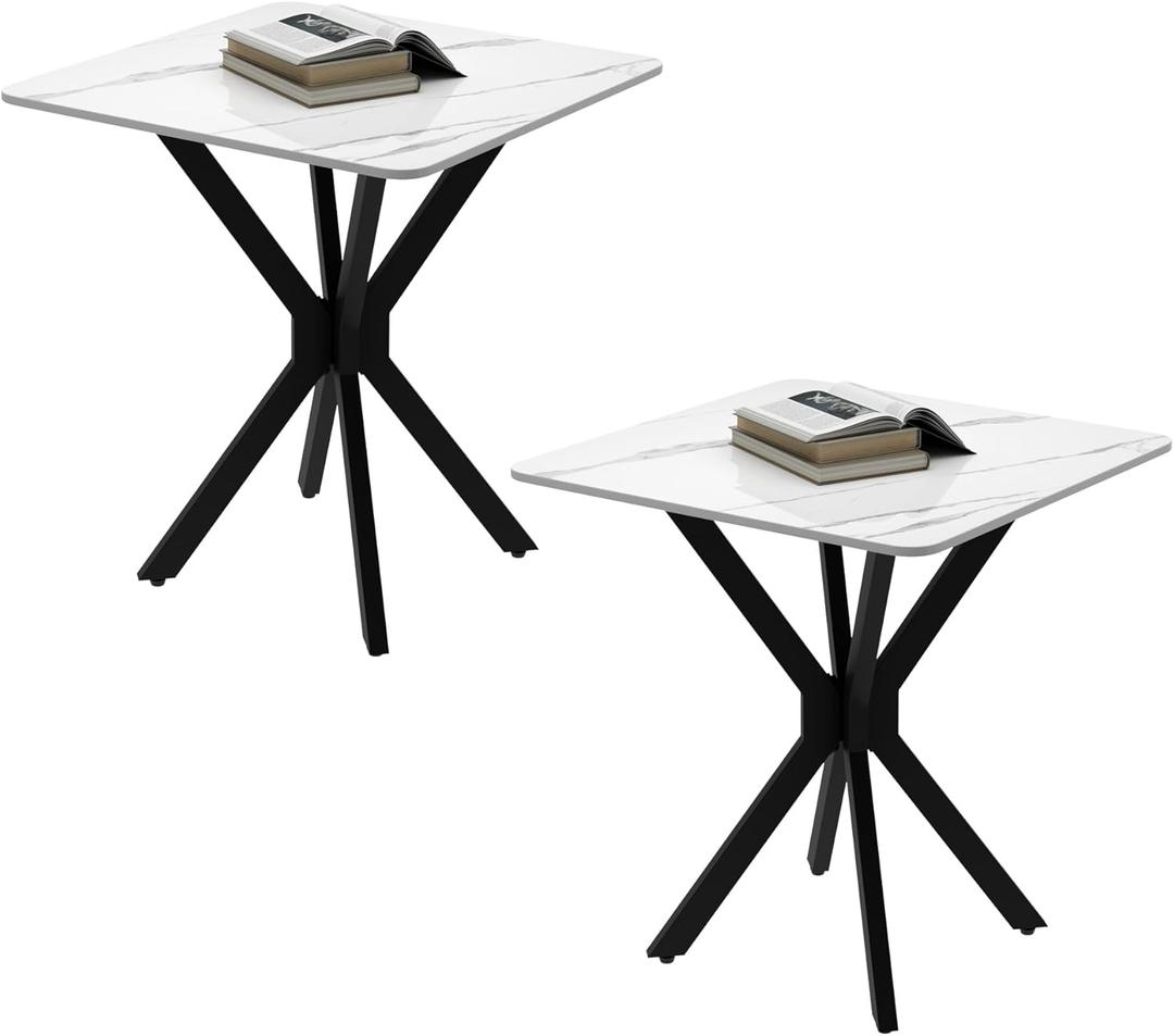 GOLDFAN Square Marble Side Table Set of 2, Modern End Table with Faux Marble Top and Black Metal Legs, Sofa Side Table for Living Room Bedroom, 20" D x 20" W x 22" H