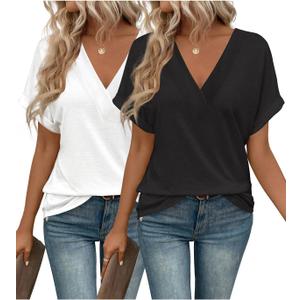 EyMuse 2 PCS Women's V Neck T Shirts Casual Trendy Short Sleeve True Classic Tees Ladies Summer Tops Loose Fit Outfits, White+Black, XXL