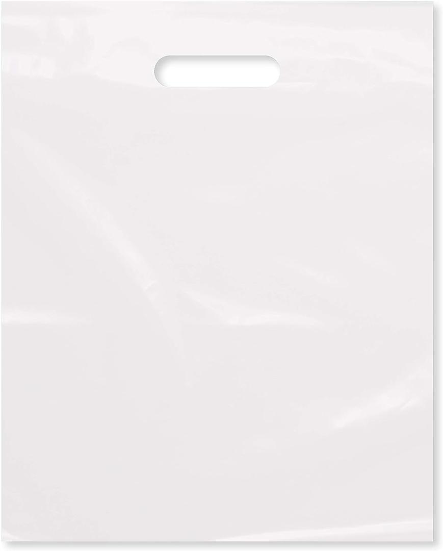 Purple Q Crafts Plastic Bag With Die Cut Handle Bag 12" x 15" White Plastic Merchandise Bags 200 Pack for Retail, Gifts, Trade Show and More