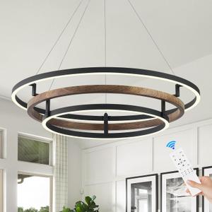 Benkut 3 Rings Modern LED Chandelier Black Dimmable Circular Pendant Light for Dining Room, Foyer Chandelier with Remote Control Flush Mount High Ceiling Light for Kitchen Living Room, D30.7In