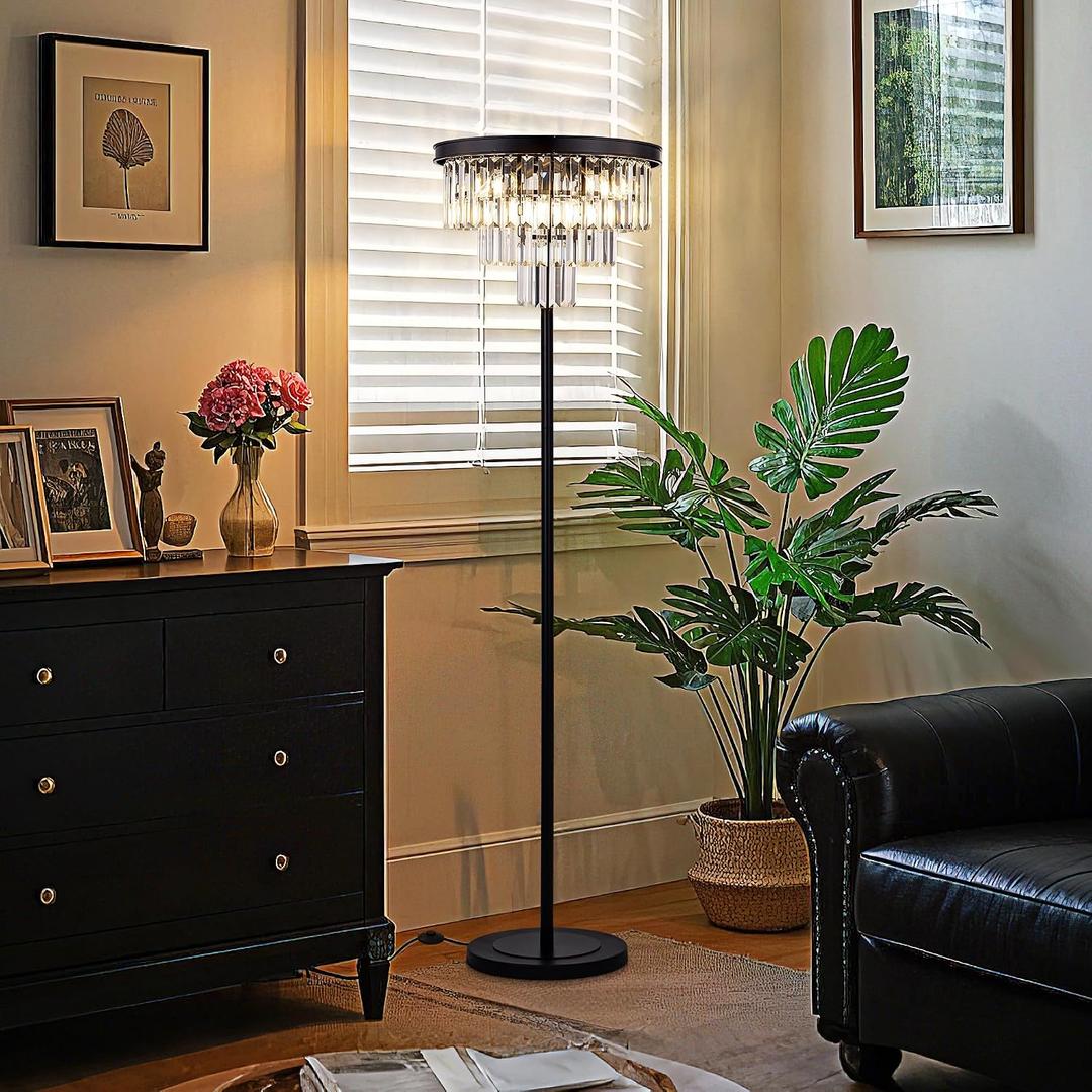 Wellmet Modern Crystal Floor Lamp, Black Tall Standing Living Room Lamp