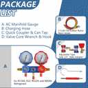 3 Way AC Manifold Gauge Set AC Gauge Set Fits for R134A R410A R404A R22 Refrigerant with Adjustable Couplers, Hoses, Can Tap & Adapters