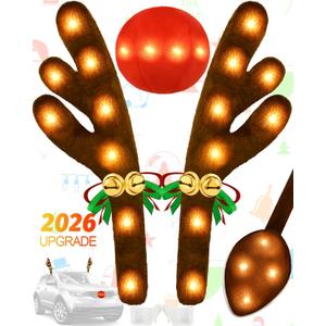 Christmas Reindeer Antlers Car Decoration Kit, Waterproof LED Lights Nose Vehicle with Jingle Bells Rudolph, Auto Holiday Accessories for SUV Van Truck Decor Warm White