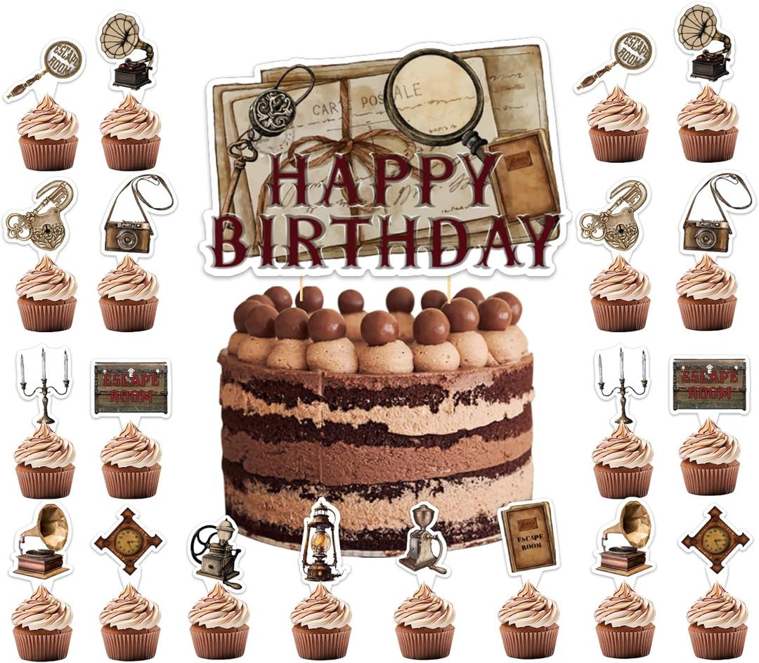 25 Pcs Escape Room Cake Topper Cupcake Toppers Escape Room Cake Decorations for Escape Room Birthday Party Decorations Mystery Escape Room Party Supplies