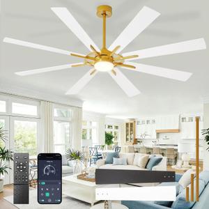 Large Ceiling Fans with Lights: Modern 72 Inch 8 Blade Outdoor Ceiling Fan with Remote APP Control - Dimmable White Gold Big Fan Light Indoor Reversible 6 Speed Quiet DC Motor