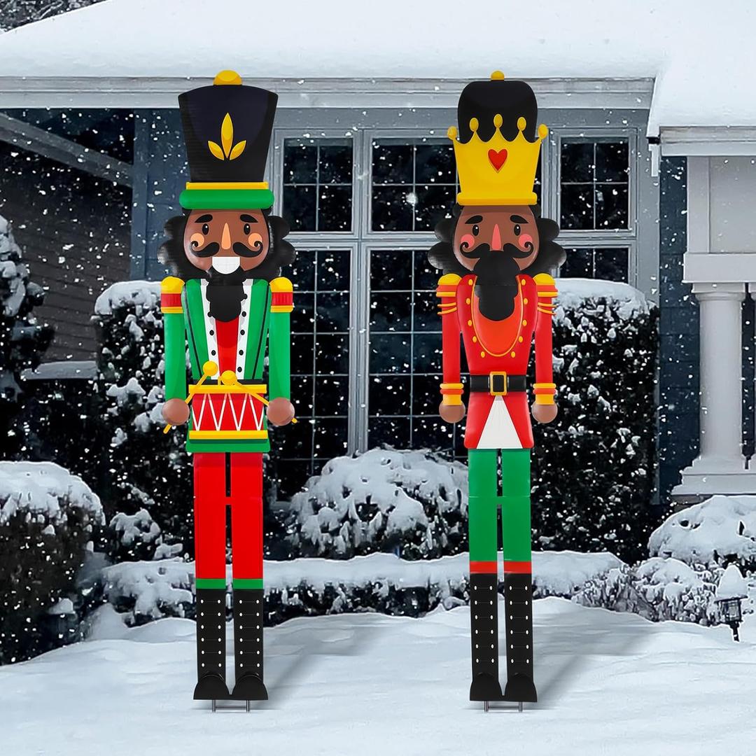 2pcs 6ft Large Black Royal Metal Christmas Nutcracker Outdoor Decoration Xmas Red Green Nutcracker Yard Signs Christmas Tall Metal Soldier Stakes Ornament for Holiday Garden Lawn Porch Decor