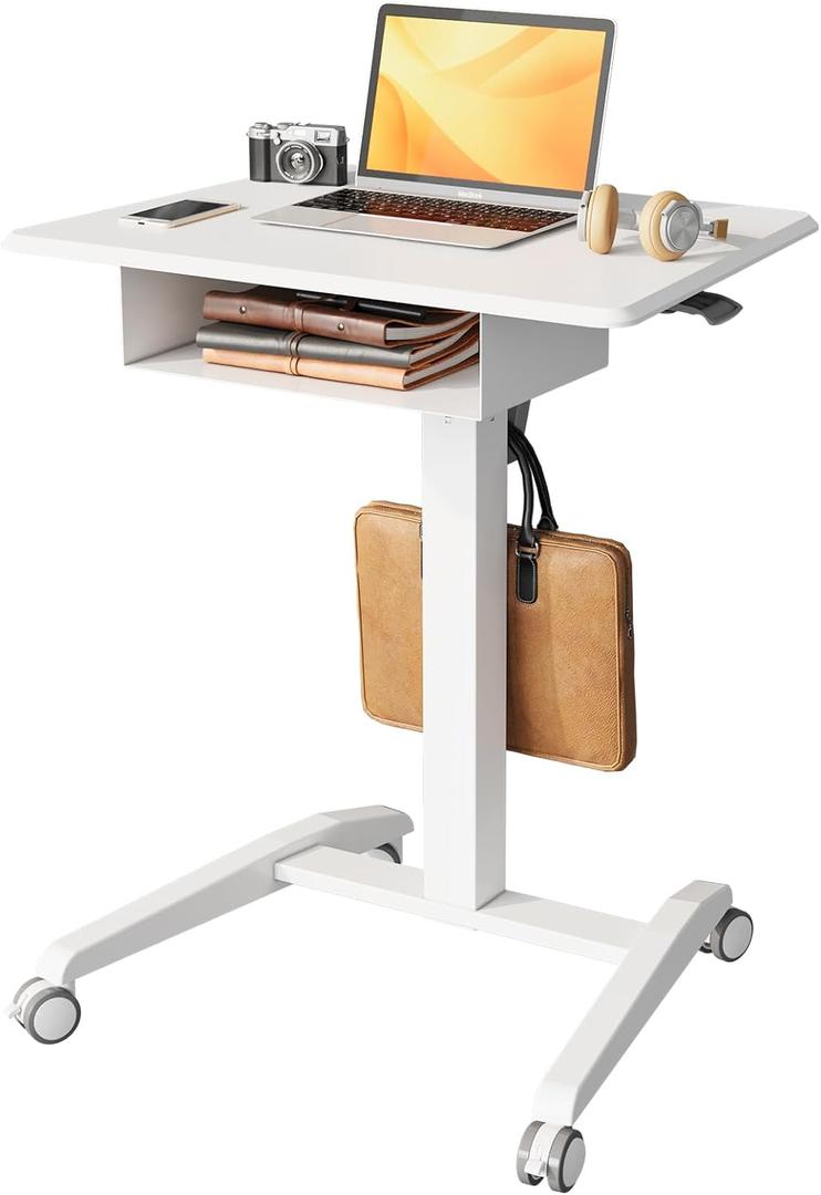 JOY Worker Mobile Standing Desk With Storage Drawer, Pneumatic Height Adjustable Laptop Workstation, White Rolling With Wheels for Home Office Classroom