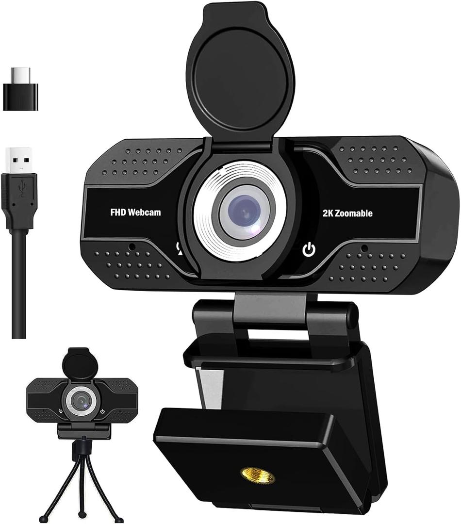 2K HD Webcam with Microphone, Noise Cancellation, Privacy Cover, Wide-Angle Lens, Auto Light Correction, Plug & Play USB Webcam for Laptop, Desktop, PC, Zoom, Skype, Stream (2K)