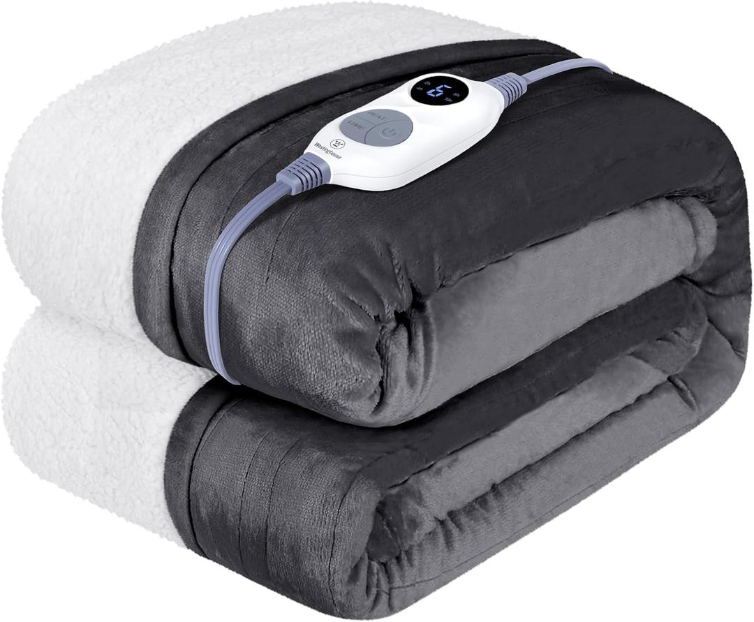 Westinghouse Heated Throw Blanket, Soft Flannel to Sherpa Electric Throw with 6 Heating Levels, 2-10 Hours Time Settings, Fast Heating, Machine Washable 50x60 Inch, Charcoal