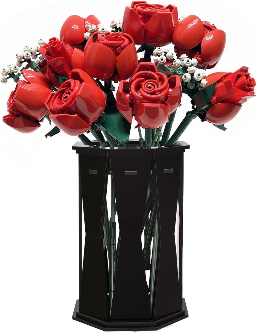 Vase for Lego Flowers - Acrylic Vase for Lego Roses Cherry Blossom Sunflower Tulips Daffodils Lotus Home Decoration for Women Adults (Black)