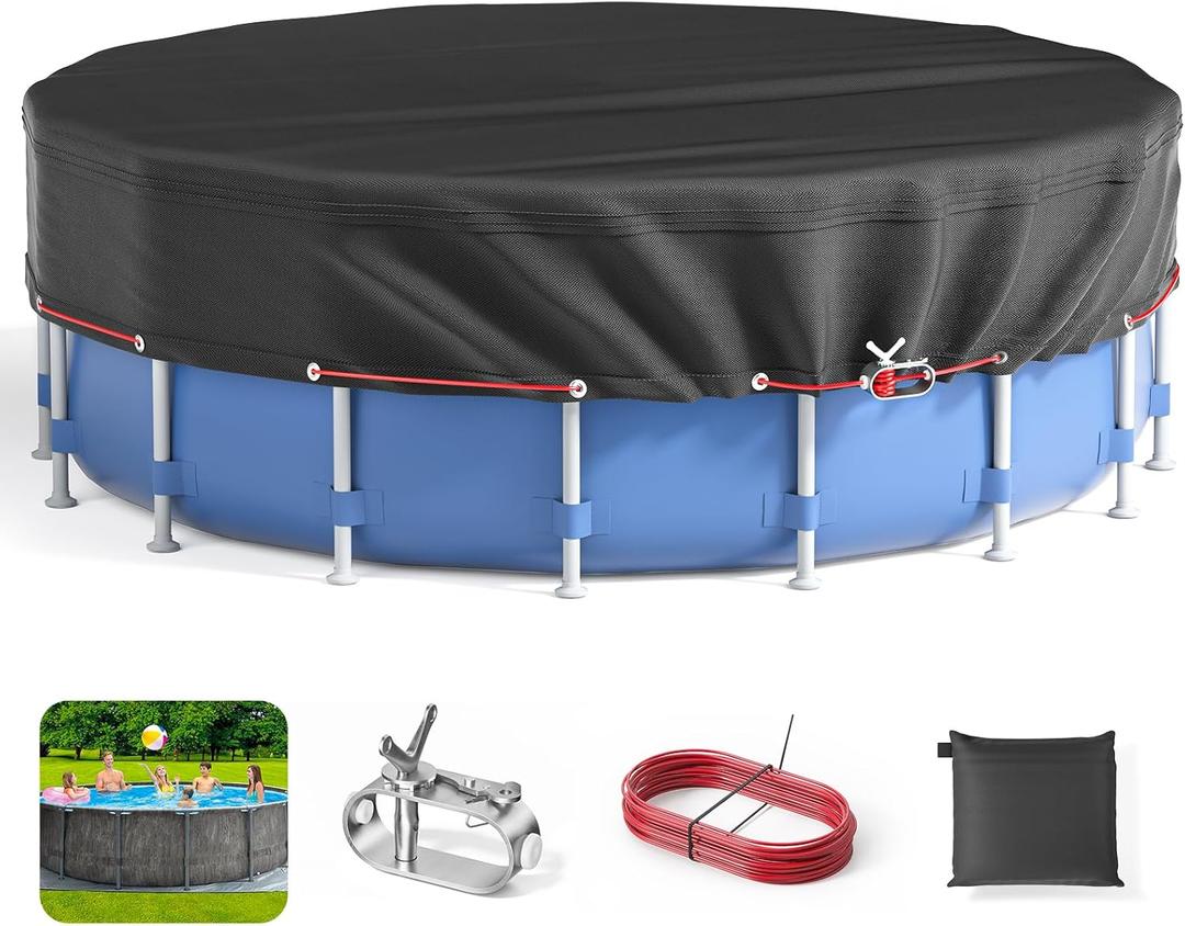 16Ft Round Pool Cover - Covers for Above Ground Pools, Pool Cover Protector with Steel Rope, Increase Stability Ground Swimming Pools, Waterproof and Dustproof Swimming Pool Covers (Black)