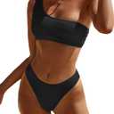 YIMISAN Women's Ribbed Bikini Sets One Shoulder Top with Mid Waist Two Piece Bathing Suit (Medium, Black)