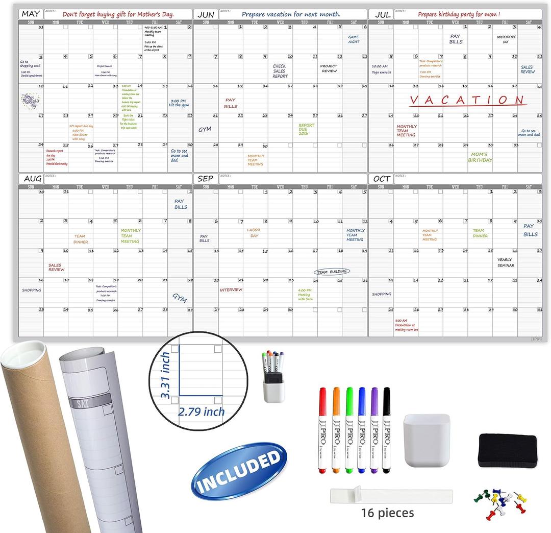 Large Dry Erase Wall Calendar - 60 x 38" Undated Blank 6 Month Calendar - Giant Whiteboard 6 Month Poster - Premium Laminated Undated Planner for Classroom, Office, Project & Family Schedule