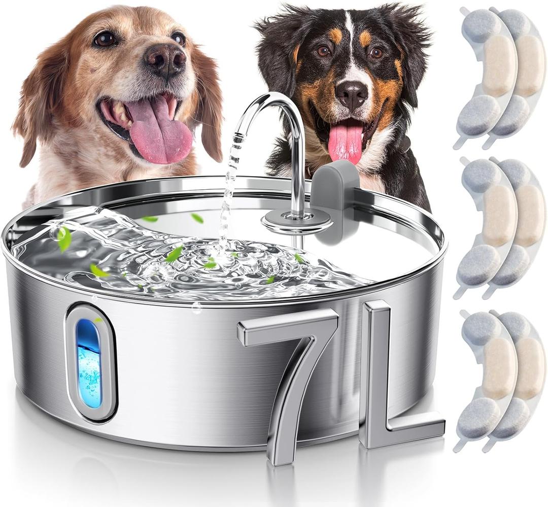 Dog Water Fountain for Large Dogs 7L/236oz Stainless Steel Dog Water Bowl Dispenser Automatic Cat Water Fountain with Deeper Drinking Area, Multi-Filtration Pet Fountain with 6 Filters