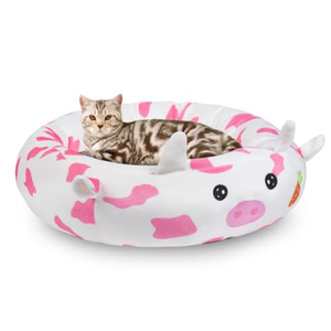 26" Strawberry Cow Pet Bed, Calming Dog & Cat Plush Bed, Fulffy Comfy Padded Cat Mat Plush Pet Bed, Non-Slip Bottom, Soft Washable Sleeping Dog Cot for Medium Small Dogs Cat Puppy Kitty