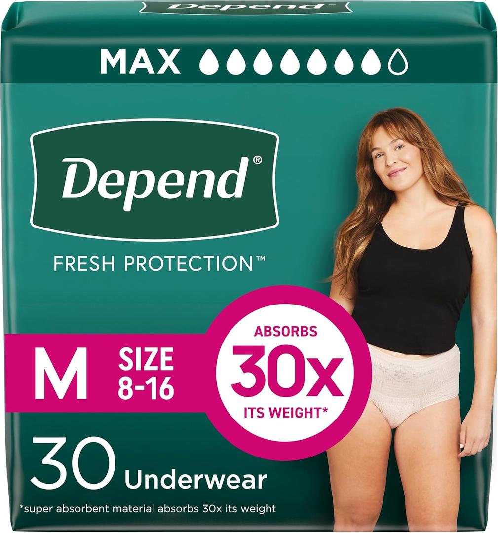 Depend Fresh Protection Adult Diapers, Incontinence & Postpartum Bladder Leak Underwear for Women, Disposable, Maximum, Medium, Blush, 30 Count