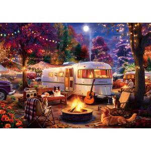 LUXDIVINA 2000 Piece Puzzle for Adults, Puzzles for Adults 2000 Pieces, Retro Camper Camping Night Cat Dog Jigsaw Puzzles, Family Fun Puzzle Perfect for Game Nights, 39" X 28"