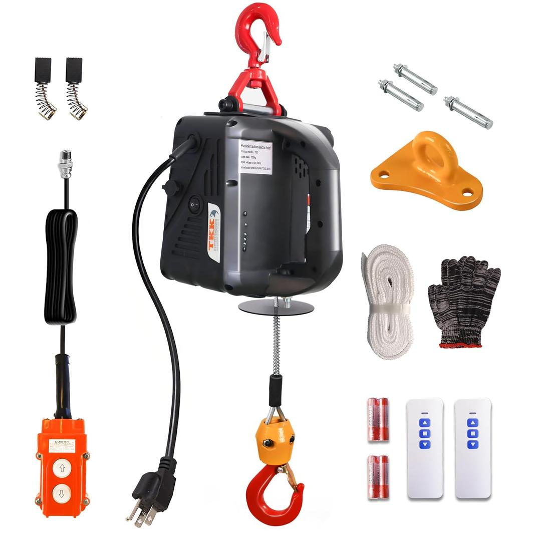 TKK 3 in 1 Electric Hoist Winch, 1540lbs Capacity, Portable with Wire and Wireless Remote Control, 120V, 25ft Lifting Height, Overload Protection