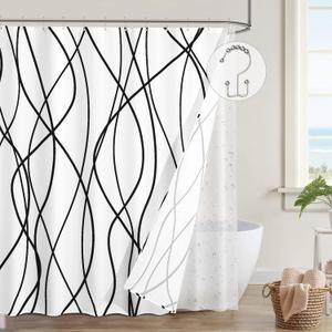 ORTIGIA 3 in 1 Shower Curtain and Clear PEVA Liner Set with 12 Rust Proof Double Sided Metal Shower Curtain Hooks, Striped Shower Curtain Waterproof for Bathroom 72 Wx72 H (Charcoal)