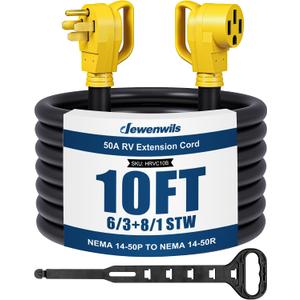 DEWENWILS EV RV Extension Cord 50A 10 Feet, NEMA 14-50P to 14-50R Copper Wire, 125/250VAC 12500W Heavy Duty EV Power Cord, STW Outdoor Waterproof Power Cable, for RV, Camper, ETL Listed, Yellow