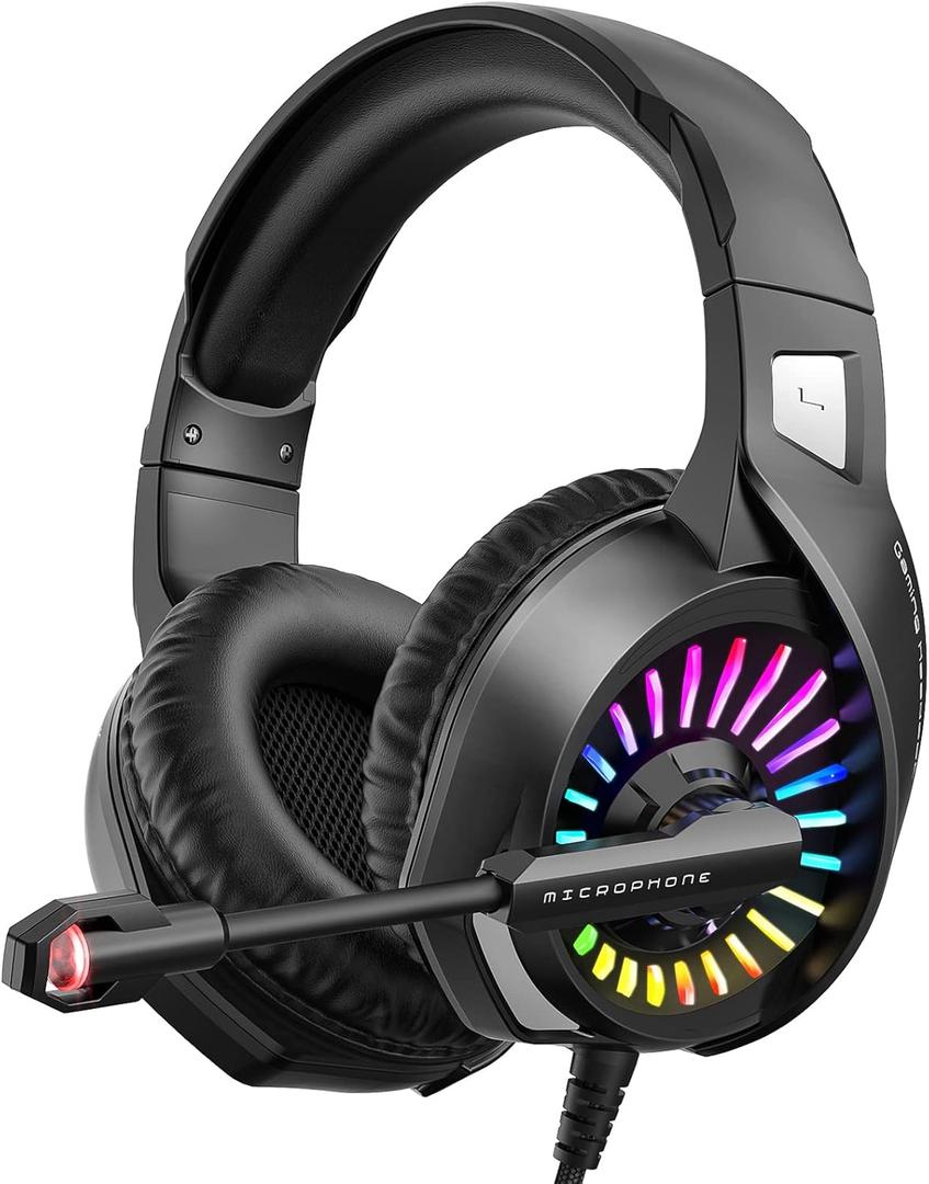 ZIUMIER Gaming Headset with Microphone, Compatible with PS4 PS5 Xbox One PC Laptop, Over-Ear Headphones with LED RGB Light, Noise Canceling Mic, 7.1 Stereo Surround Sound (Black)