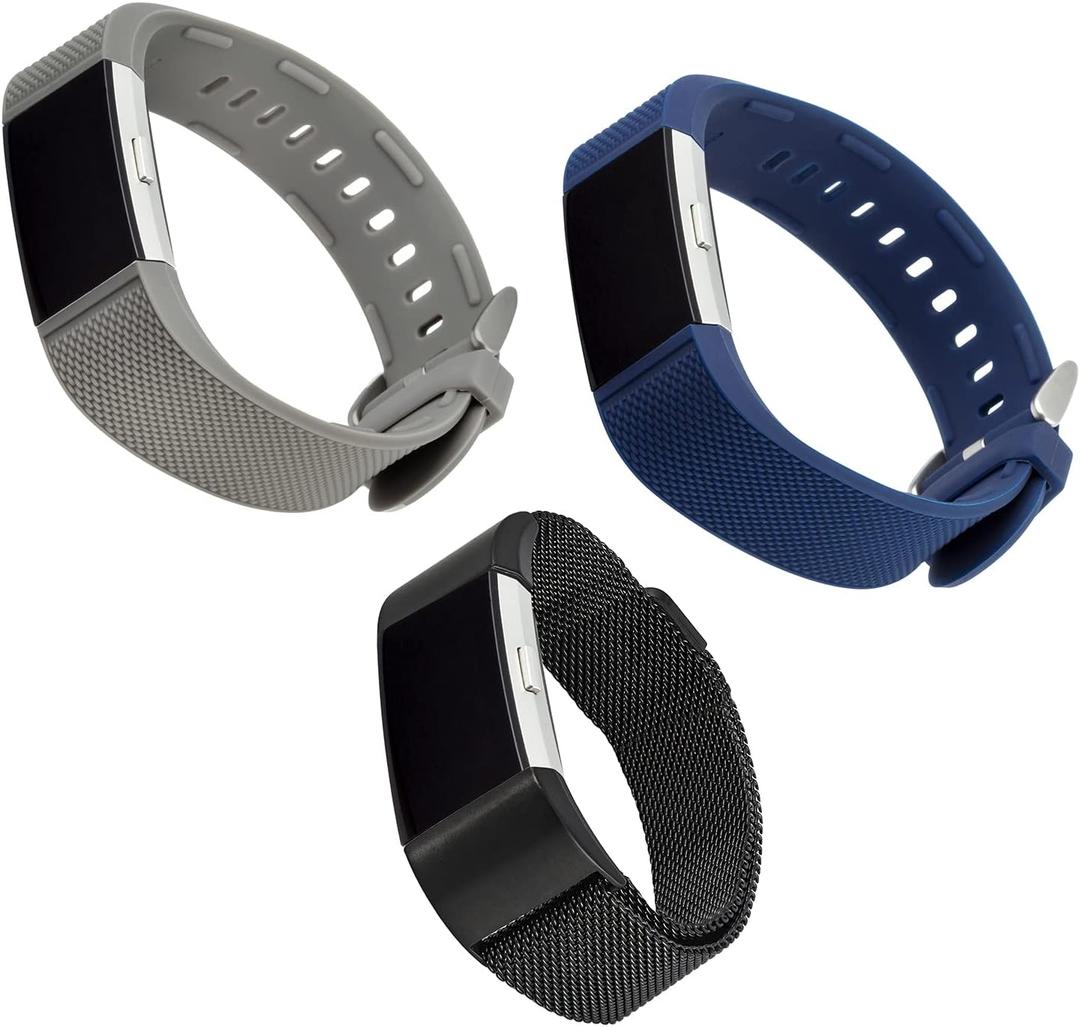 WITHit Designer Replacement Band for Fitbit Charge 2, Gray & Navy Silicone/Black Mesh (3-pack)  Secure, Adjustable, Fitbit Watch Band Replacement, Fits Most Wrists
