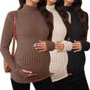 3 Pack Maternity T-Shirts Pregnancy Tops Women Sweater Long Sleeve Turtleneck Ribbed Finger Sleeve Outfits (Medium, Coffee, Apricot, Black)