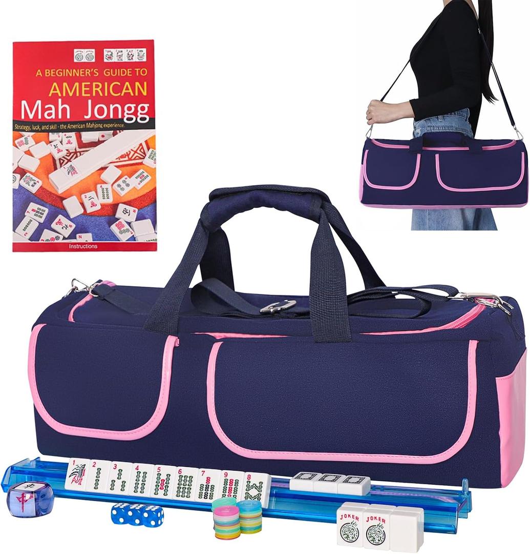 American Mahjong Game Set, 166 White Tiles, Blue&Pink Canvas Bag with Entire Accessories, 4 All-in-One Rack/Pushers, Mahjong Tiles Set