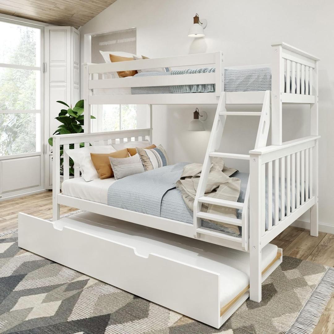 Max & Lily Bunk Bed, Twin-Over-Full Wood Bed Frame For Kids With Trundle, White