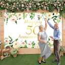 Vlipoeasn Elegant White 50th Anniversary Backdrop, Polyester, Rose Gold Peony Design, Included Rope, for Couple Surprise, Wedding Supplies