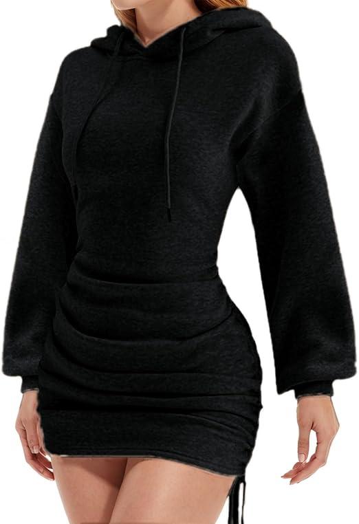 BEAGIMEG Women's Long Sleeves High Neckline Hooded Solid Stretch Casual Mini Sweatshirt Dress (Black), Small