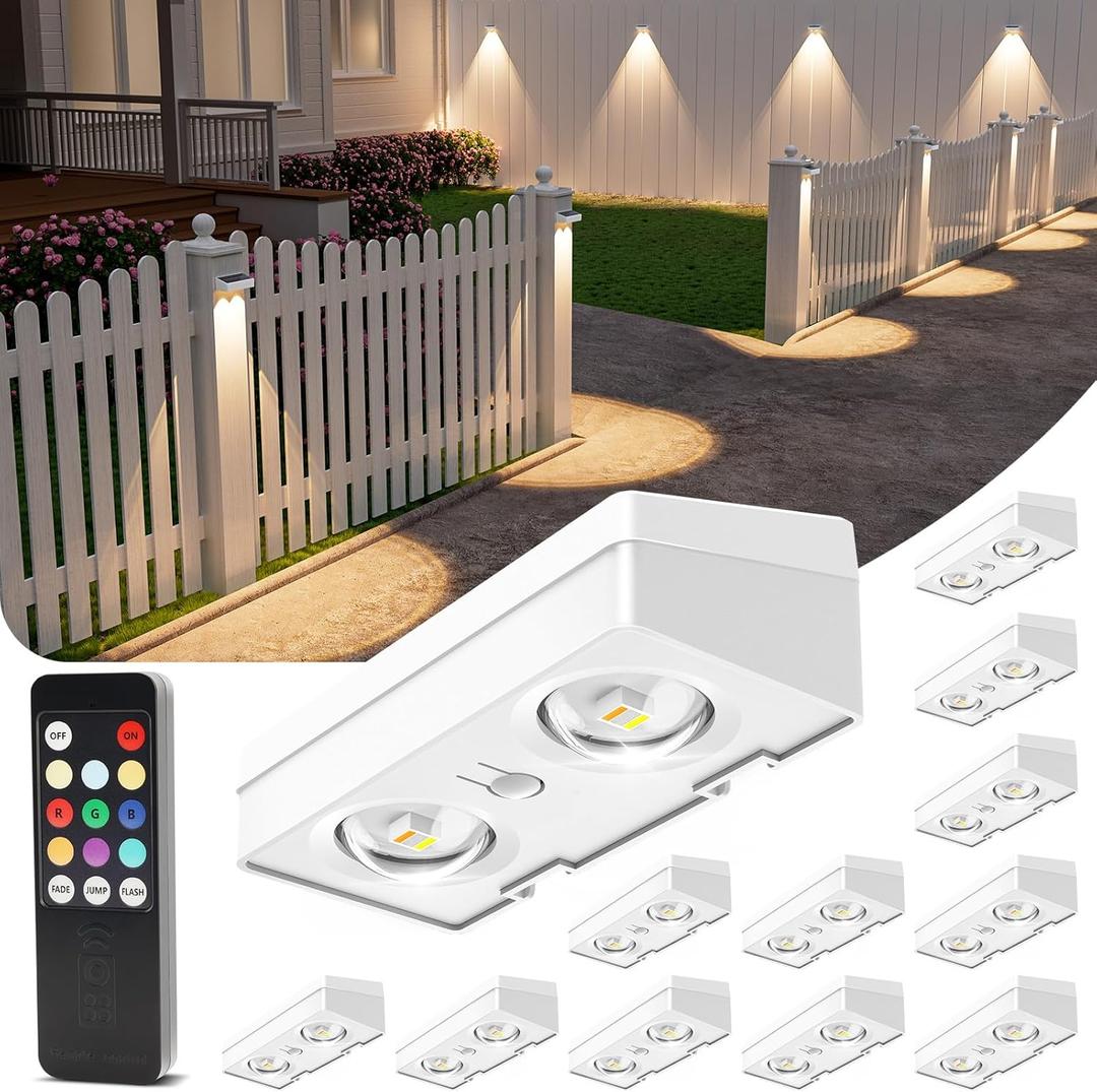 VOLISUN Solar Fence Lights with Remote Control, 50 Lumen LED Fence Lights Solar Powered, IP65 Waterproof, 10 RGB Color Long-Lasting Solar Lights for Backyard Garden Deck Patio Railing (12 Pack) (White Shell)