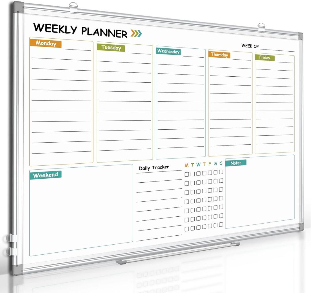 Weekly Calendar Dry Erase Whiteboard for Wall, 24"x18" Magnetic Weekly Planner White Board, Double Sided Hanging Daily Planning Board for Home, Office, School, Kitchen
