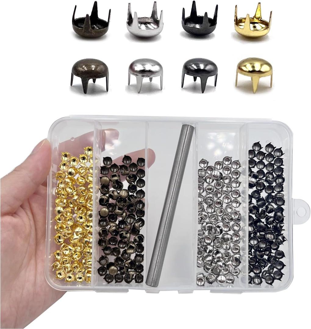 Honigo 400pcs Nailheads Round Dome Studs Rivets Mixed Color Metal Solid Brass 6mm 4 Prongs Spikes Spots for Leather Craft Clothes Belt Bag Shoes Decorations Totes DIY Craft Gold Silver Gun Bronze