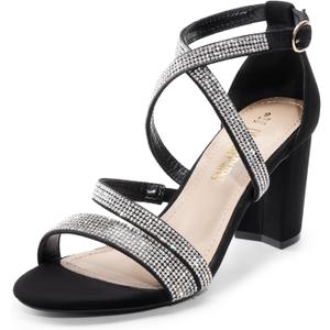 DREAM PAIRS Womens Ankle Strap Dress Pump Low Chunky Heel Sandals (9, Black-rhinestone)
