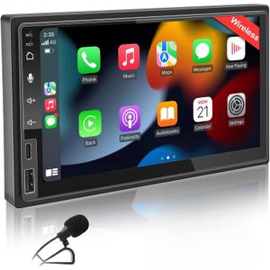 7 Inch Double Din Car Stereo with Wireless CarPlay & Wireless Android Auto, Touchscreen Car Radio with Bluetooth, USB/SWC/AUX/FM (Linux Operating System)