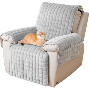 Plush Recliner Slipcover 30 Inches Washable Chair Covers Artificial Wool Lazy Boy Cover Quilted Cover for Recliner Chairs and Furniture,Large Taupe Chair Protector with Side Pocket for Kids/Pets (Grizzly)