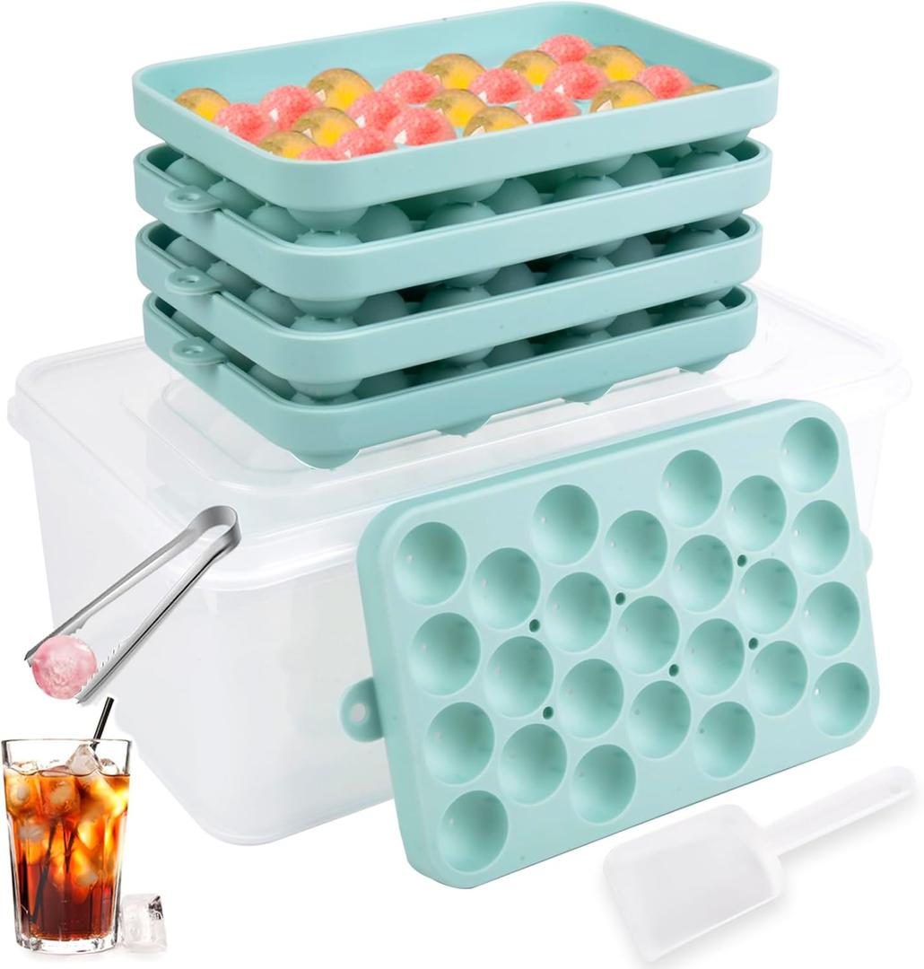 ChezMax Ice Cube Tray with Lid and Bin, 100 Pcs Silicone Round Ice Tray for Freezer, Easy Release Sphere Ice Ball Maker Circle Ice Molds for Chilling Whiskey Cocktails(4 Trays+ Container+ Scoop+ Tong)