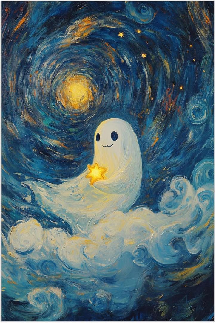 GSPQAZ Smiling Ghost with Star Canvas Print - Playful Halloween Wall Art for Home Dcor 12x18-Unframed (U696)