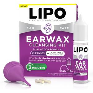 Lipo Earwax Cleansing Kit, Cleansing Ear Drops, Bulb Syringe, and Cotton Plugs, Effortlessly Dissolves Ear Wax, Easy to Use Ear Wax Removal Kit, Clinically Tested Peroxide-Free, 0.5 Fl Oz