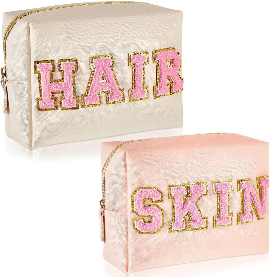Patelai 2 Pcs Preppy Makeup Bags Chenille Letter Patch Bag Face Skin Hair Stuff Aesthetic Cosmetic Bag Travel Zipper Pouch Makeup Organizer Graduation Gift for Girls (White, Pink,Hair, Skin)