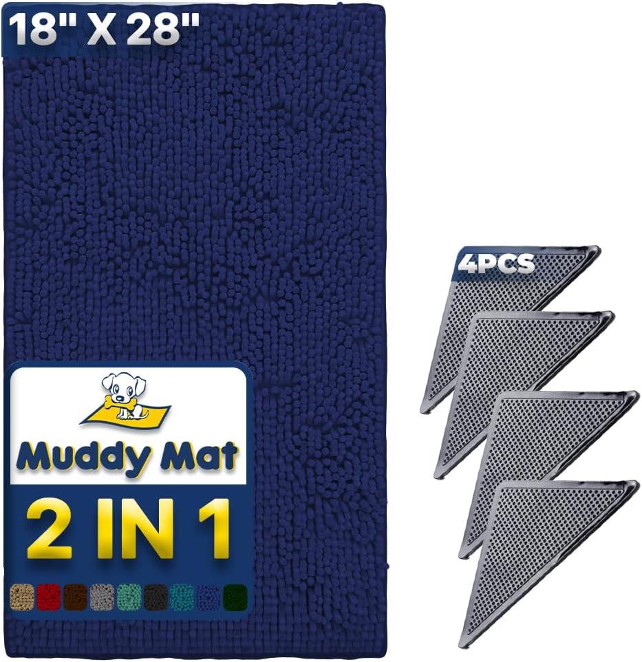 Muddy Mat | Absorbent Microfiber Chenille Door Mat Navy Blue 18" x 28" with Heavy Duty Non-Slip Rug Corner Pad (Pack of 4)- Double-Sided Adhesive Pad for Corners - Ultimate Floor Protection Combo