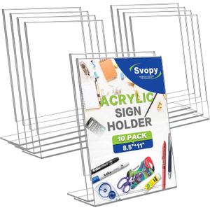 Acrylic Sign Stand Holders - 8.5 x 11 Clear Plastic Table Paper Display Stand, Suit for Displaying Posters, Picture, Flyers, Menu - 10 Pack