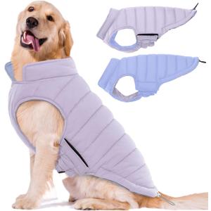 Lelepet Reversible Dog Coat Waterproof Dog Jacket Windproof Puffer Vest for Winter Warm Lightweight Coats for Medium Dogs Adjustbale Hook & Loop Pet Apparel with Leash Hole, French Bulldog, Purple, L