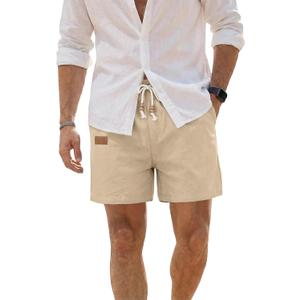 JMIERR Mens Linen Shorts Casual 5"/ 7" Cotton Elastic Waist Drawstring Lightweight Summer Vacation Beach Shorts with Pockets (Large)