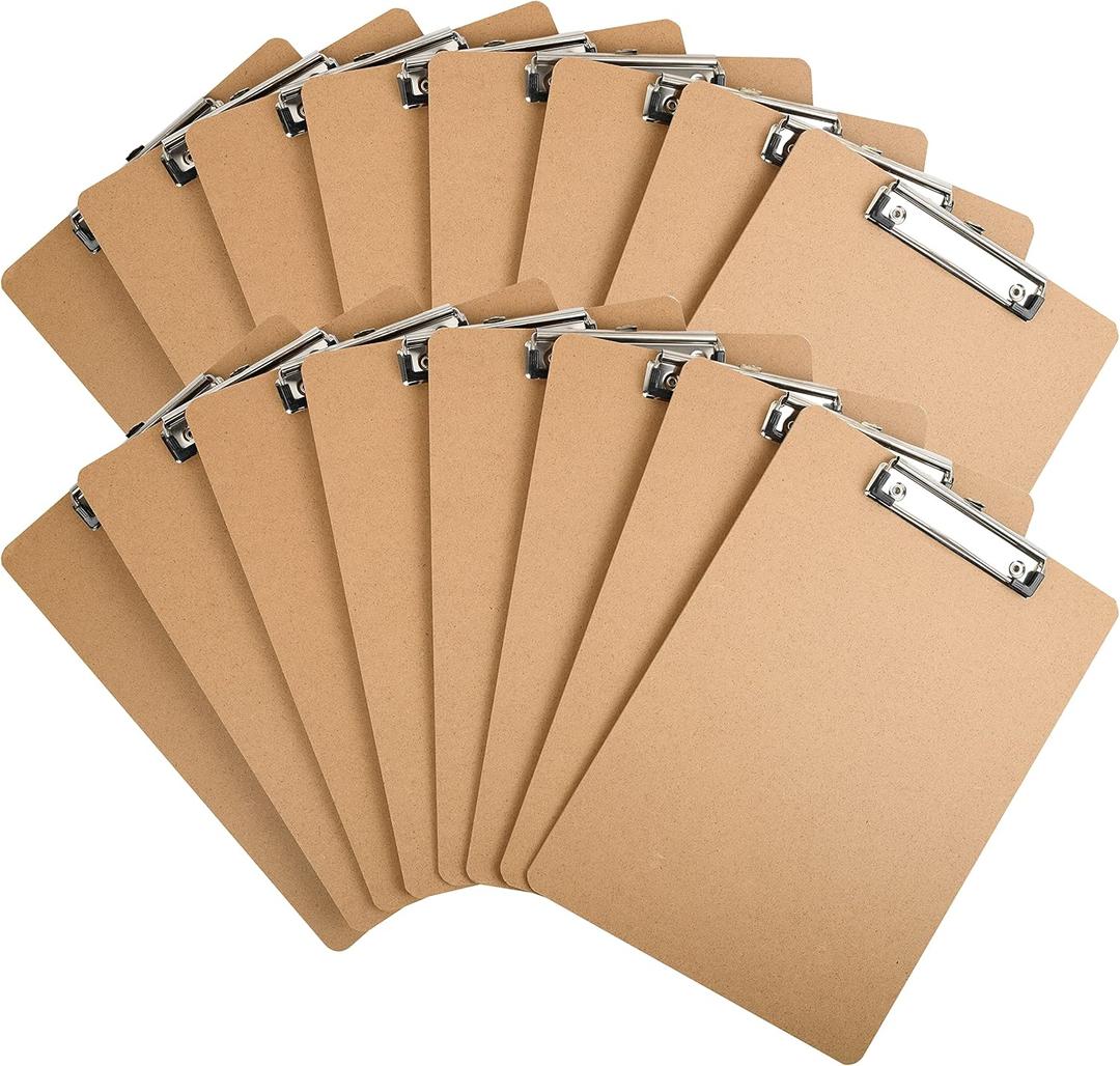 HappyHapi 16 Pack Clipboard 8.5 x 11 Letter Size Clip Boards Bulk, A4 Wooden Hardboard Office Clipboards Pack for Classroom, Work-Meetings, Brown