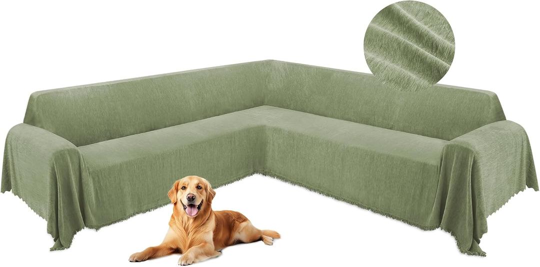 HDCAXKJ Corner Sectional Couch Covers for Dogs L Shape Sofa Cover with Tassel Chenille Super Soft Non Slip U Shaped Couch Cover Blanket Washable Sofa Slipcovers Protector (Sage Green, 91x252 inch)